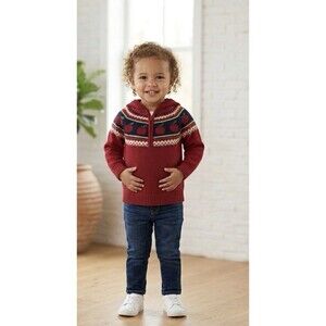 Gymboree Girls Red Apple Hooded Fair Isle Zip Sweater 100% Cotton Size 12-18